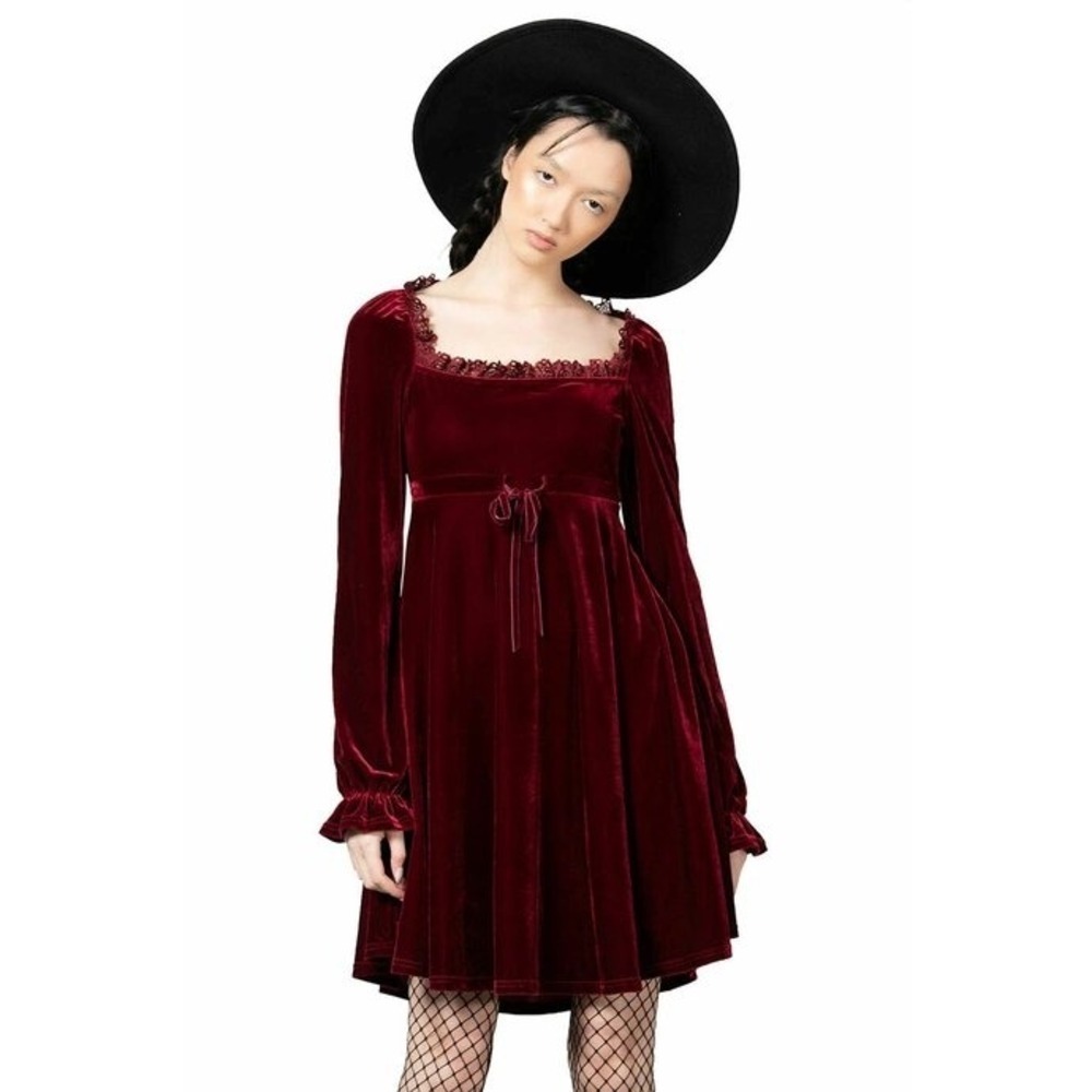 Killstar Imperial Red Velvet Long Sleeve Mini‎ Dress Lace Trim Gothic